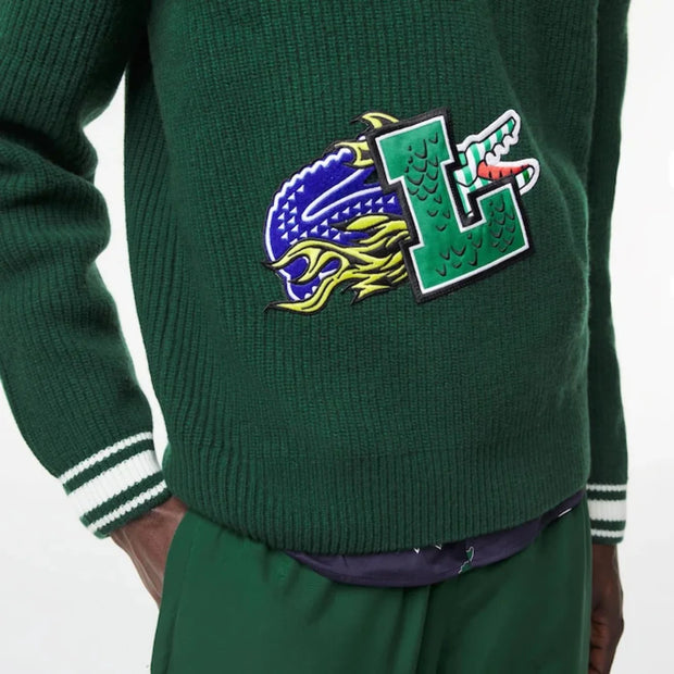 Lacoste Logo Patch V-Neck Striped Jumper – Holiday Comic Badge Edition