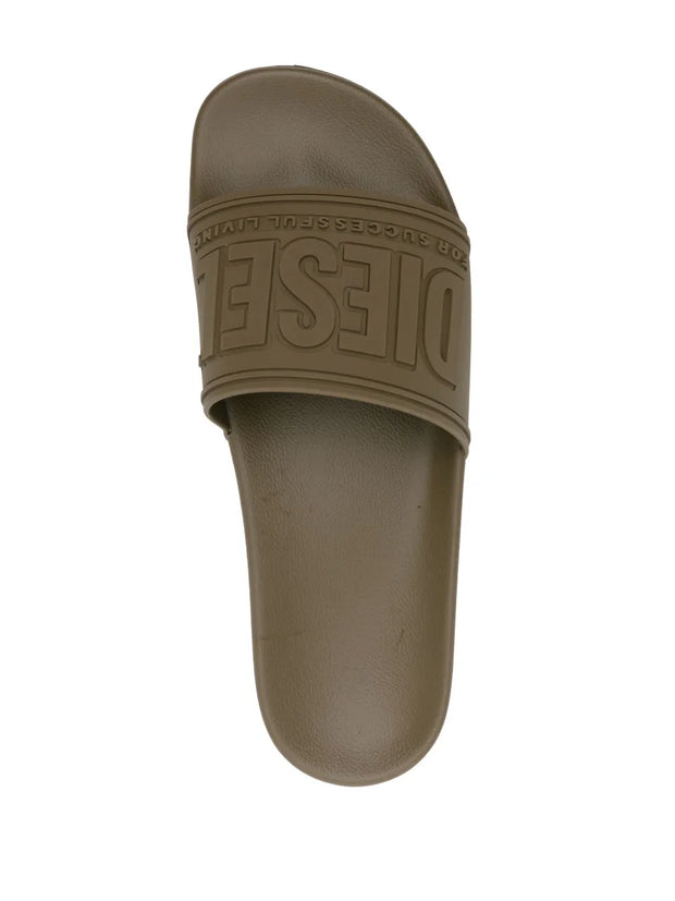 Diesel Sa-Mayemi CC Logo-Embossed Slides — Khaki