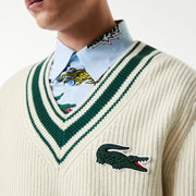 Lacoste Men’s Holiday Comic Badge Striped V-Neck Sweater – "White"