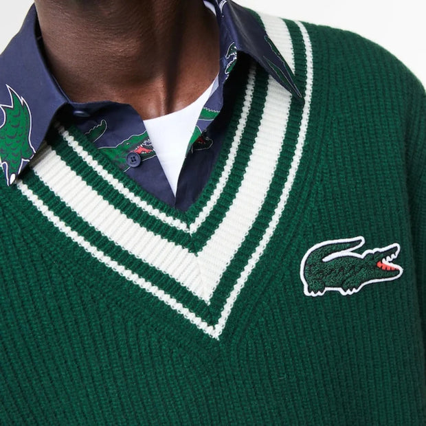 Lacoste Logo Patch V-Neck Striped Jumper – Holiday Comic Badge Edition