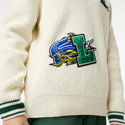 Lacoste Men’s Holiday Comic Badge Striped V-Neck Sweater – "White"