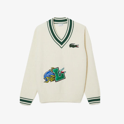 Lacoste Men’s Holiday Comic Badge Striped V-Neck Sweater – "White"