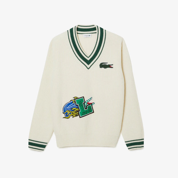 Lacoste Men’s Holiday Comic Badge Striped V-Neck Sweater – "White"
