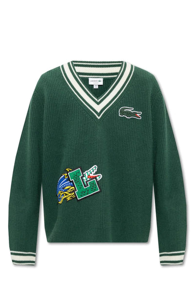 Lacoste Logo Patch V-Neck Striped Jumper – Holiday Comic Badge Edition
